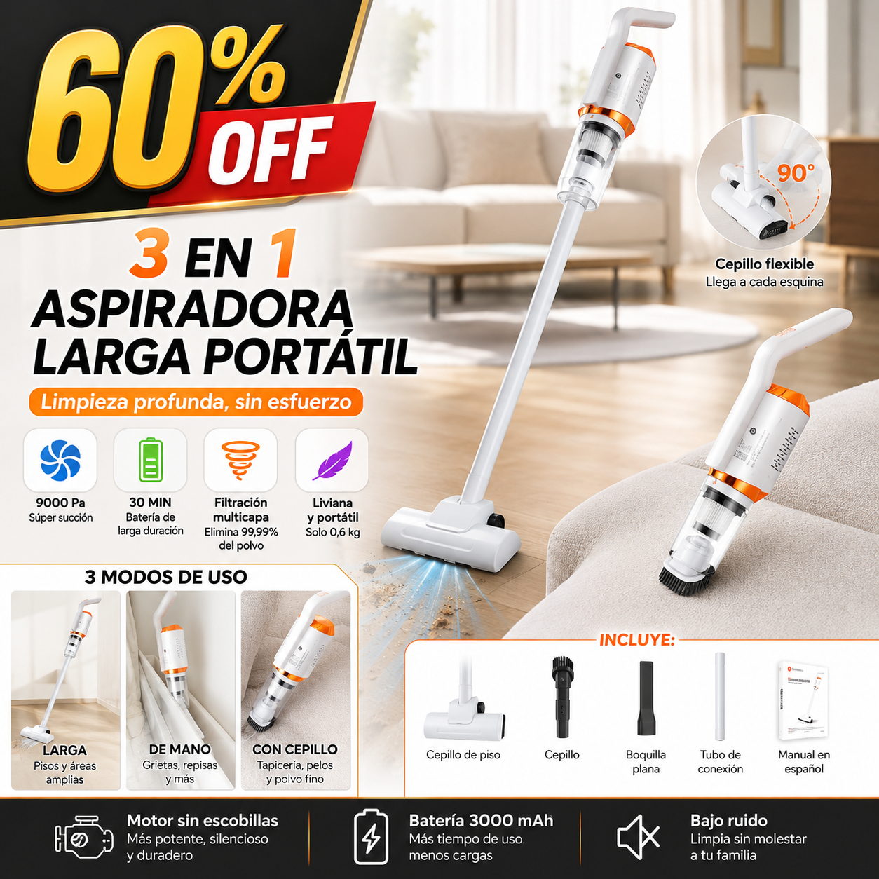 Aspiradora Larga Portatil 3 En 1 Portati