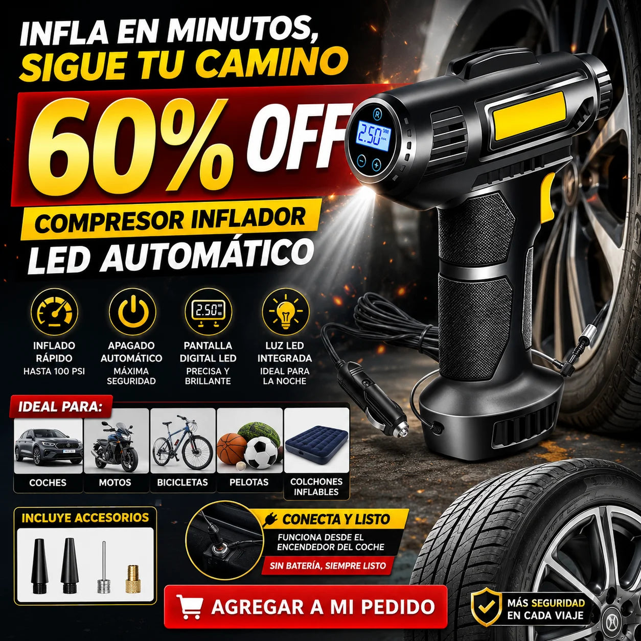 Compresor Inflador Led Automatico