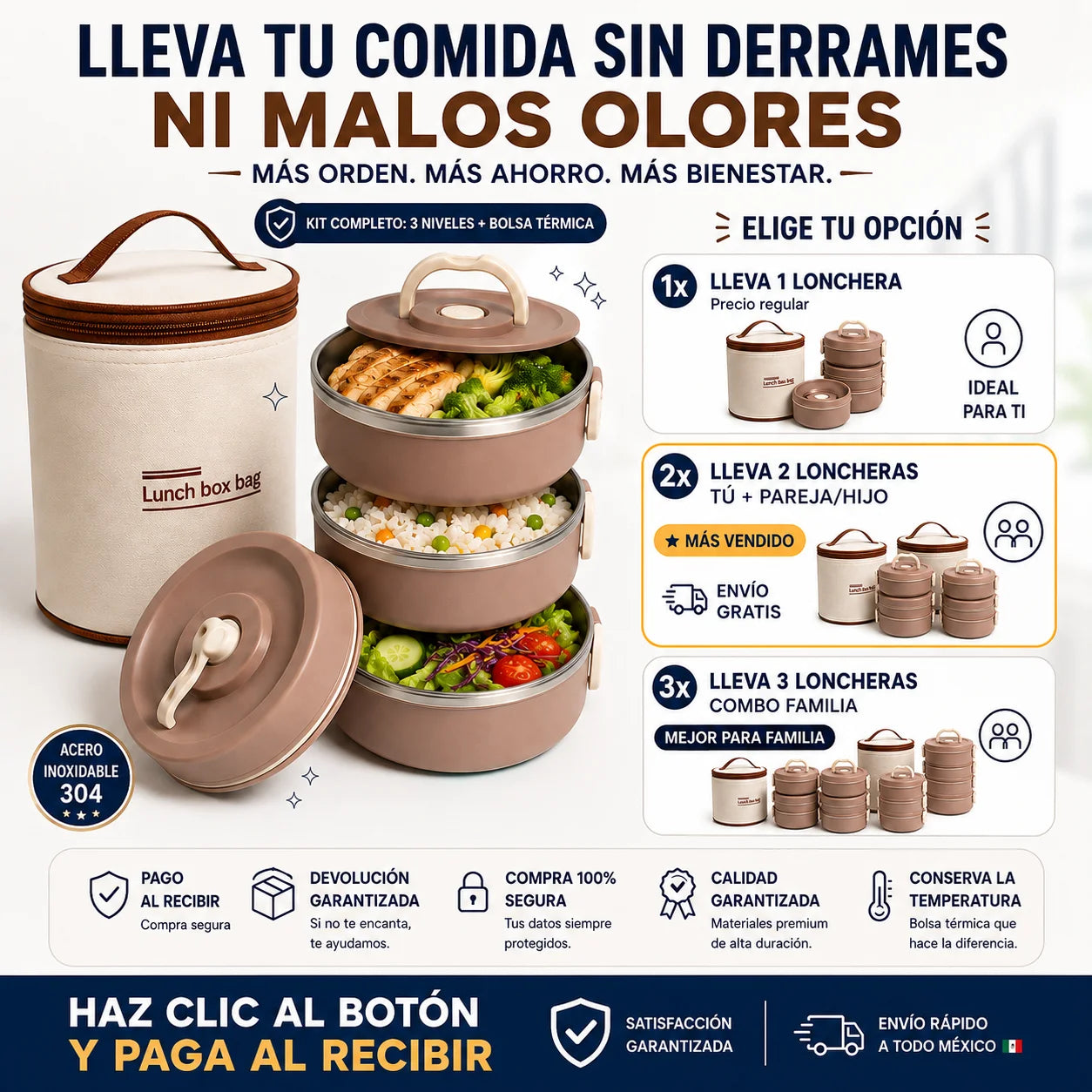 Lonchera Térmica de 3 Niveles | Contenedores de Acero Inoxidable