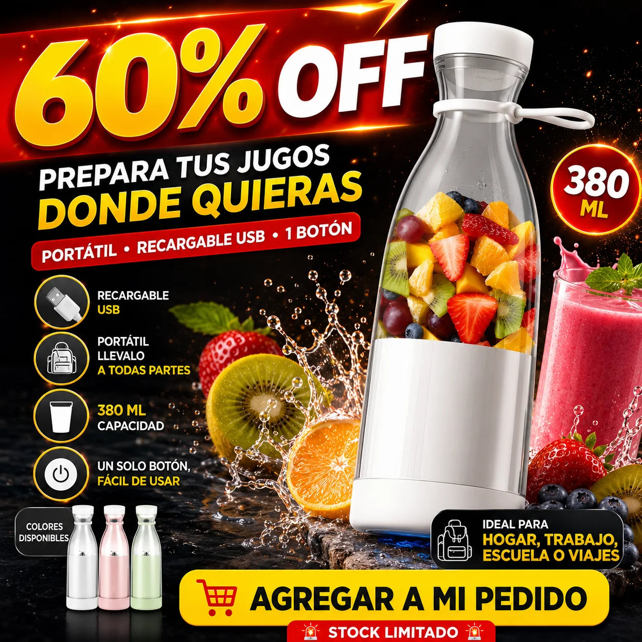Licuadora Portatil 380 Ml Recargable