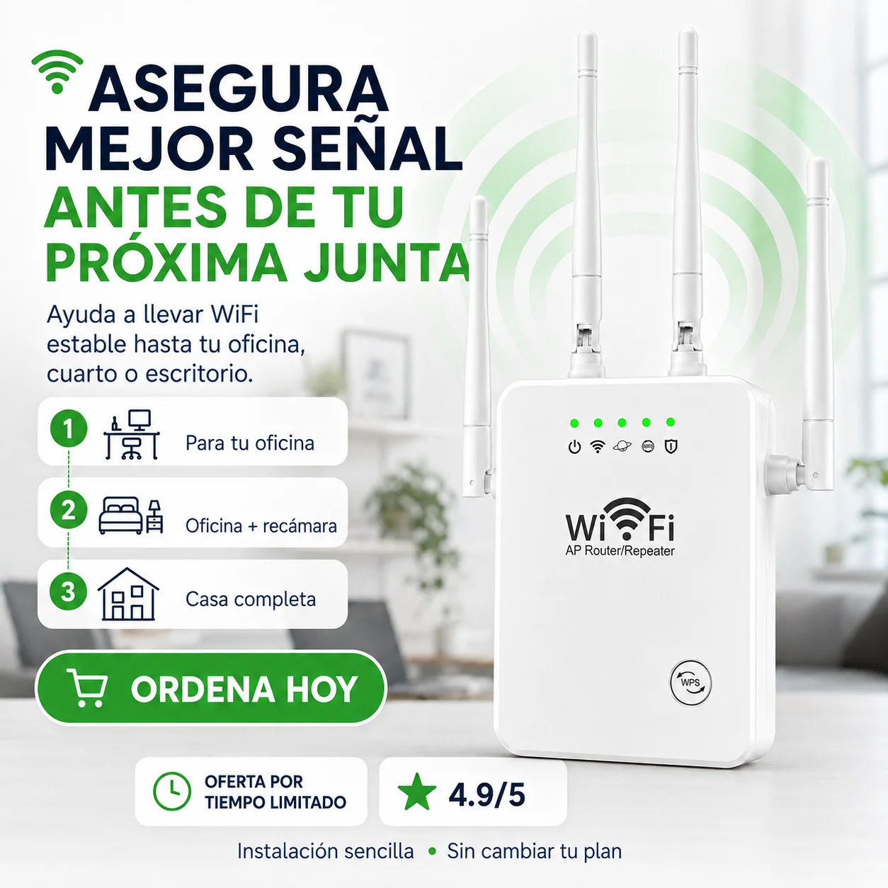 Repetidor WiFi 300Mbps de Largo Alcance | Señal Fuerte en Todo tu Hogar