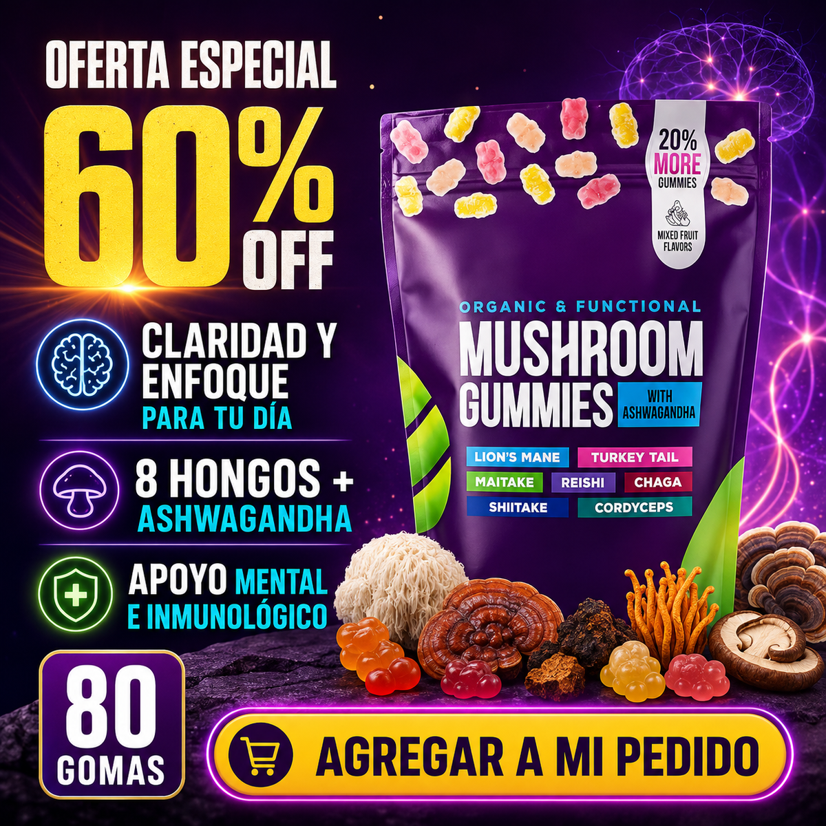Suplemento Mushroom Ashwagandha 80 Gomas
