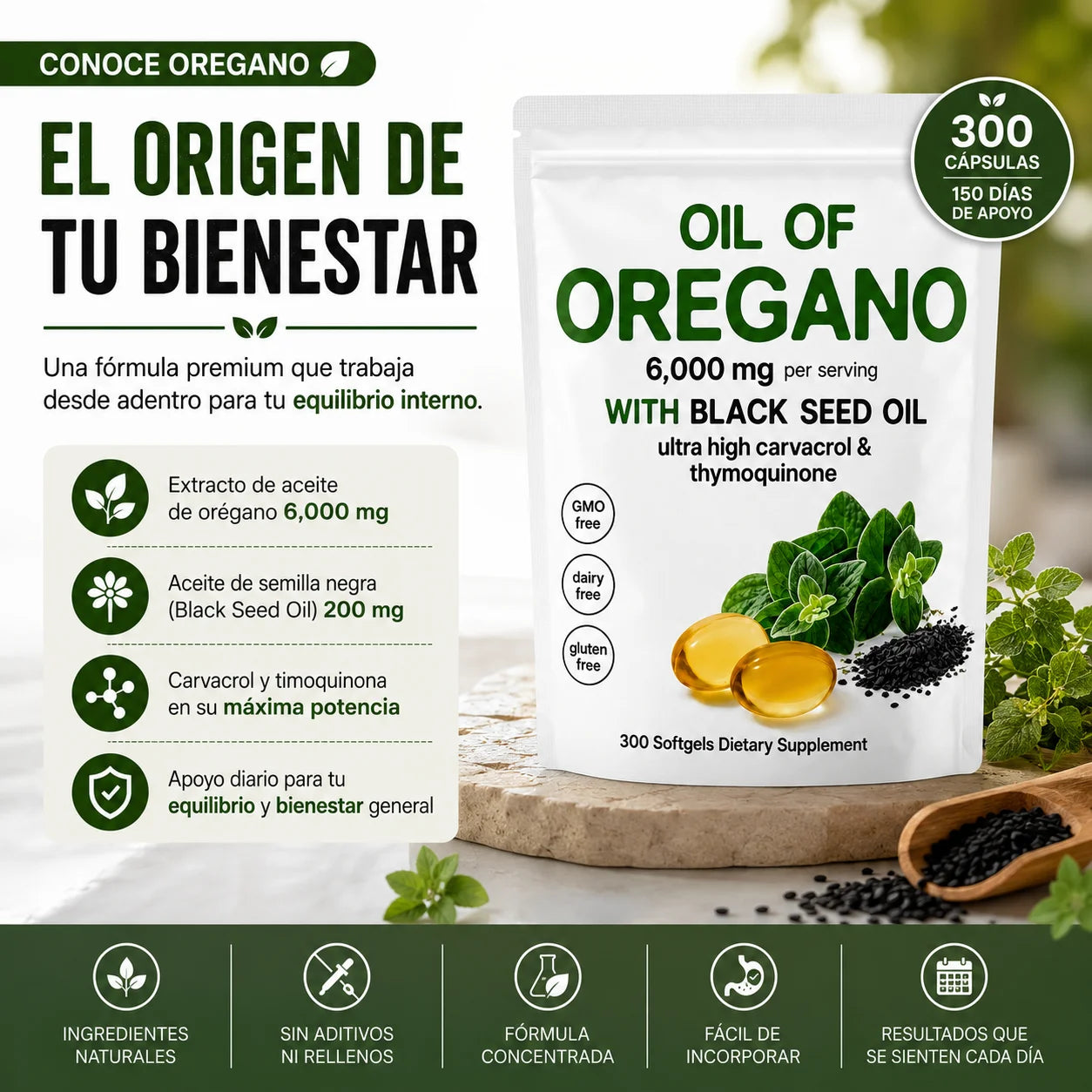 Aceite de Orégano Premium | 300 Cápsulas