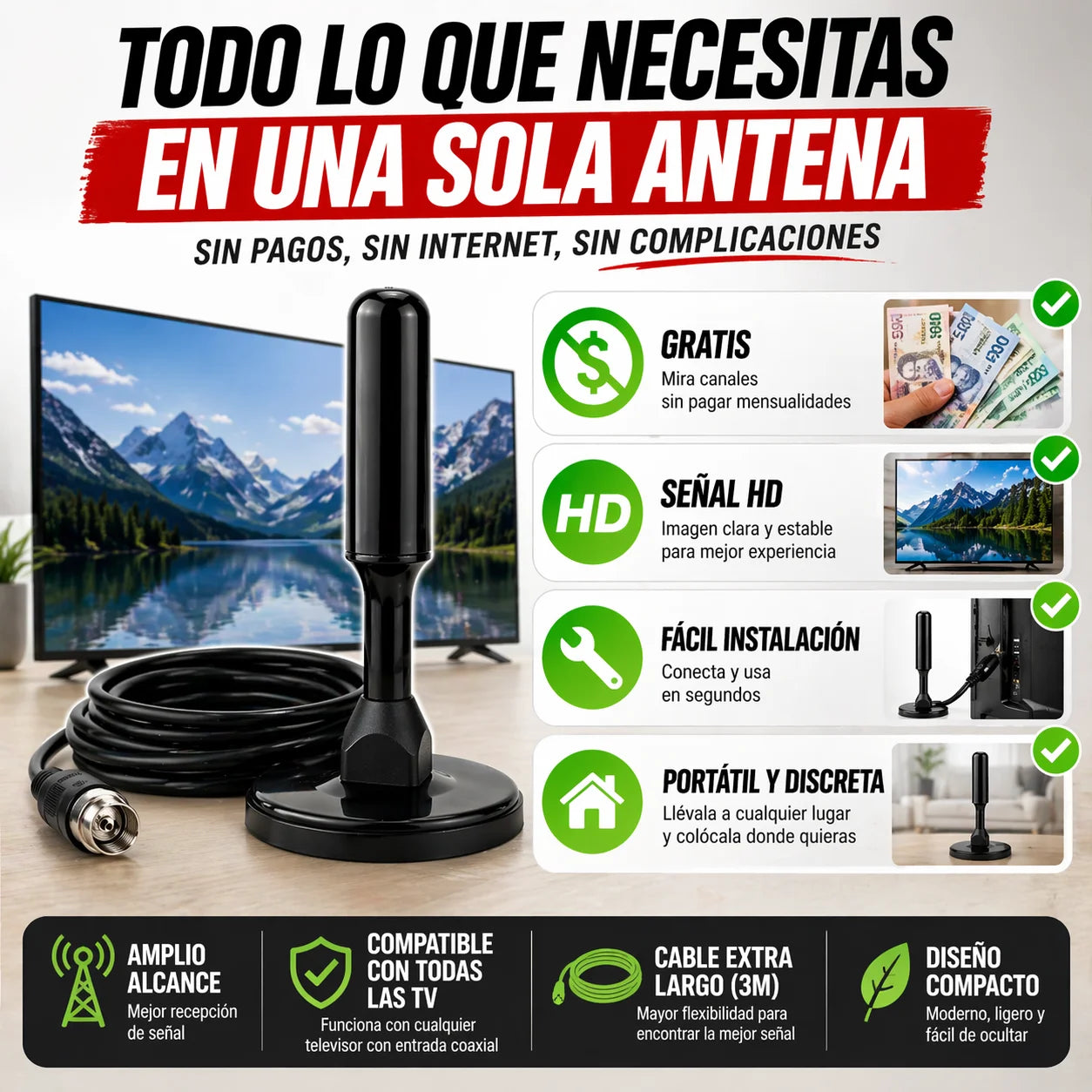 Antena Digital HD Para TV Plus | Señal Perfecta Sin Pagar Cable