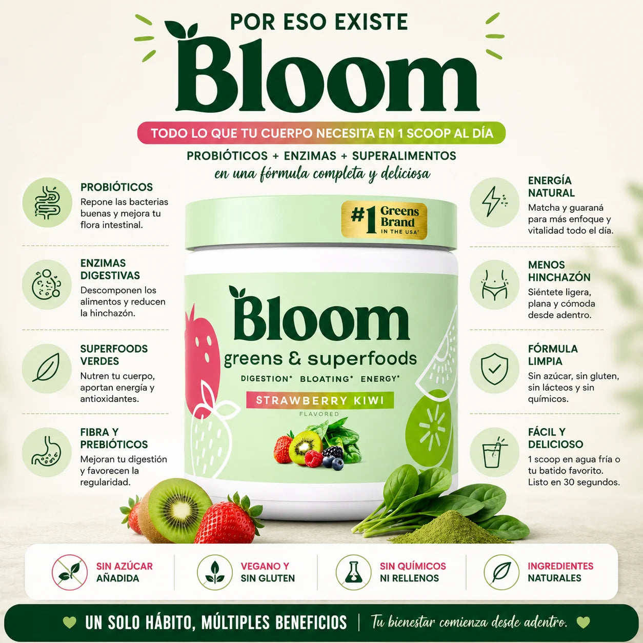 Bloom Fresa Kiwi 225 g | Digestión, Energía y Menos Hinchazón
