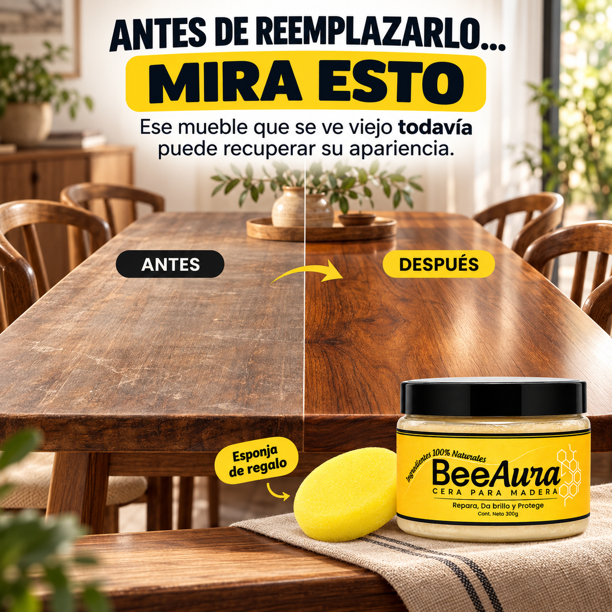 Cera Solida BeeAura™ | Restaurador Premium para Madera