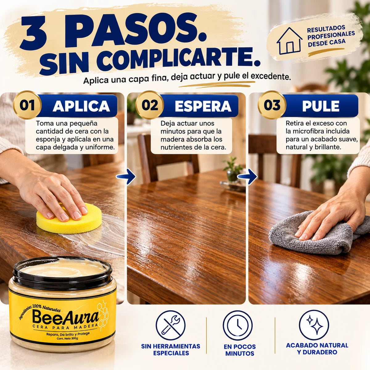 Cera Solida BeeAura™ | Restaurador Premium para Madera