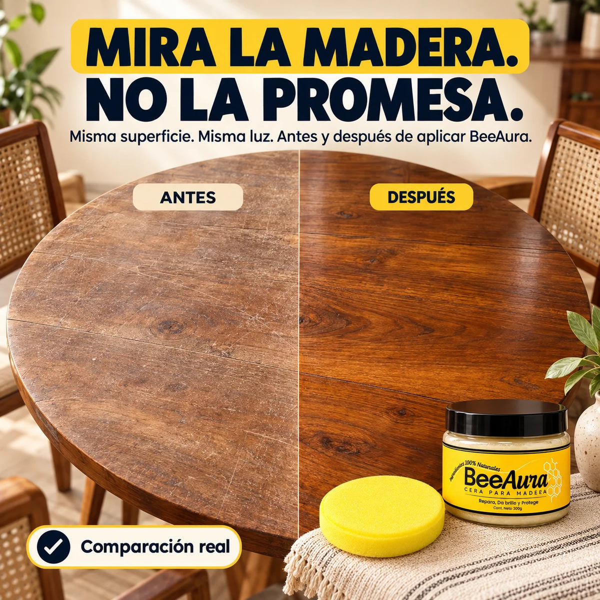 Cera Solida BeeAura™ | Restaurador Premium para Madera