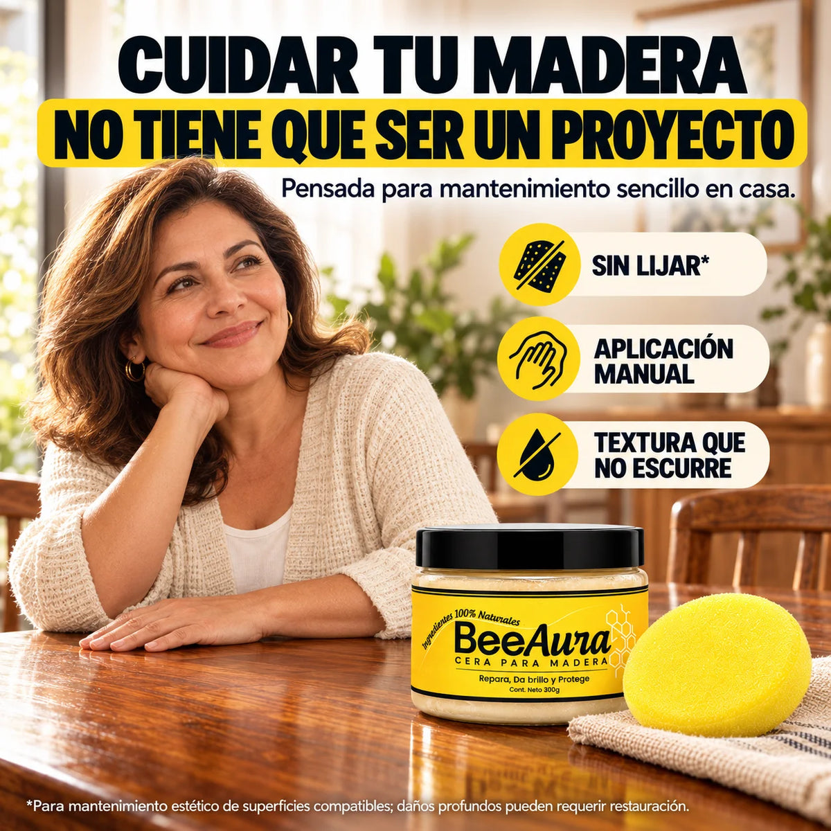 Cera Solida BeeAura™ | Restaurador Premium para Madera