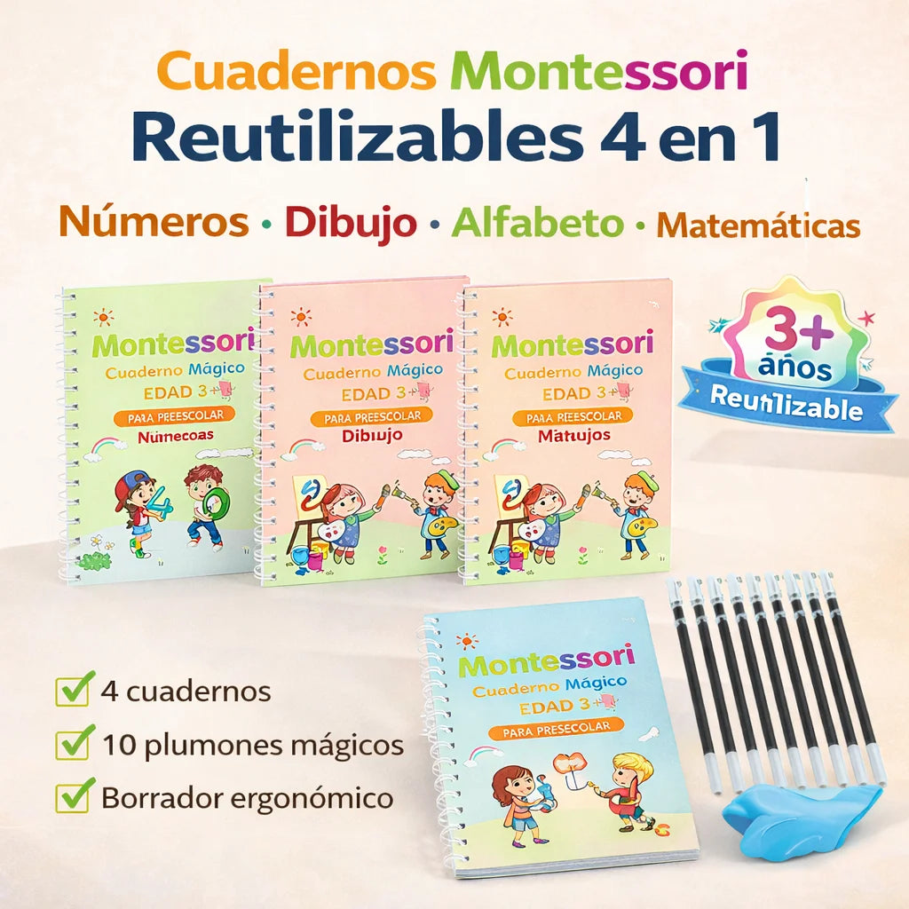 Set 4 Cuadernos Mágicos de Caligrafía | Mejora la Letra de tu Hijo con Práctica Reutilizable