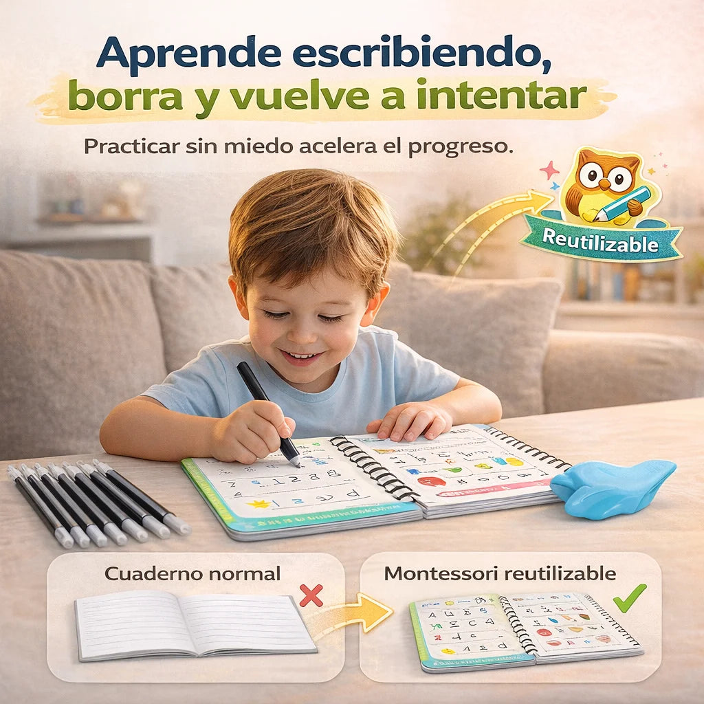 Set 4 Cuadernos Mágicos de Caligrafía | Mejora la Letra de tu Hijo con Práctica Reutilizable