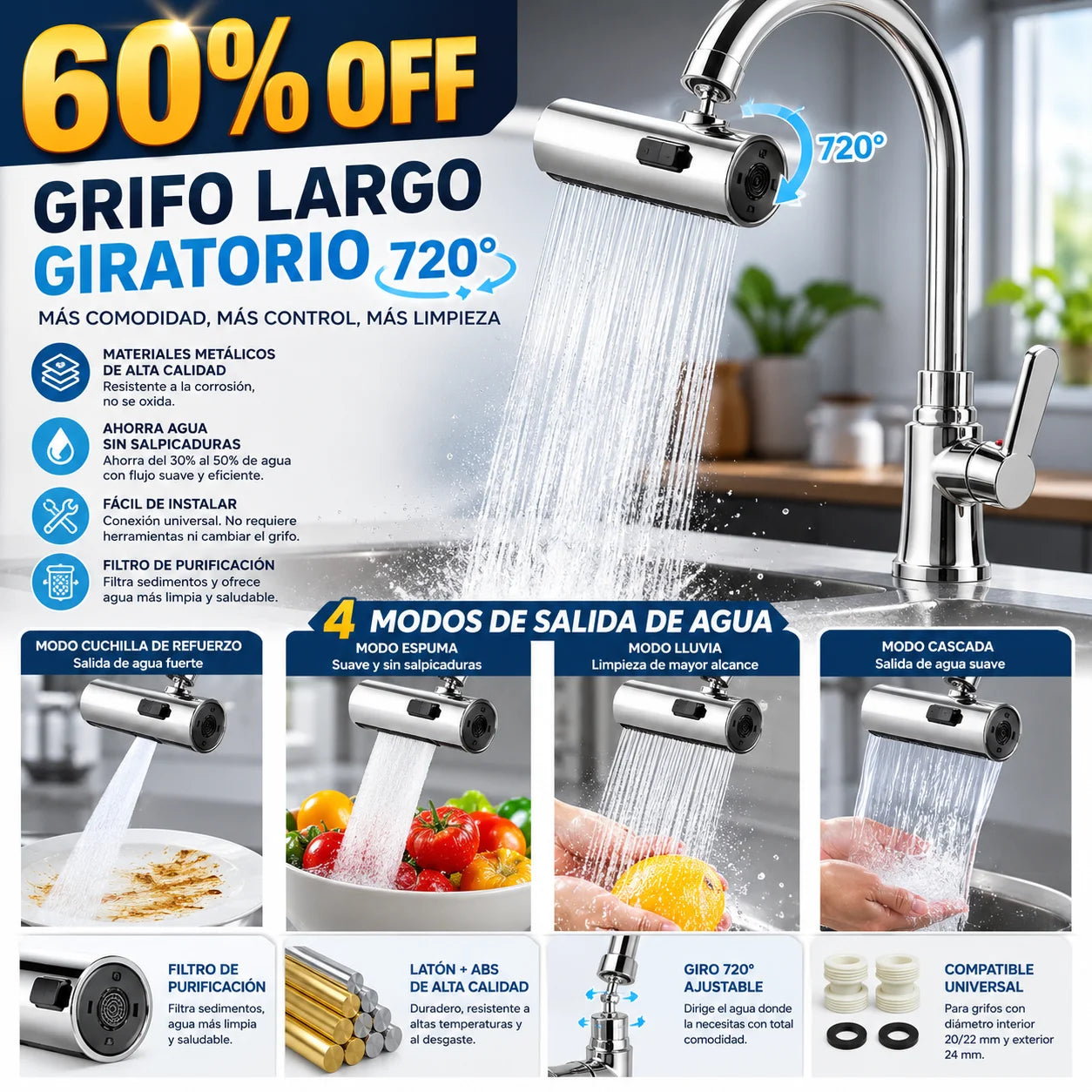 Grifo Largo Giratorio 720 Lavabo