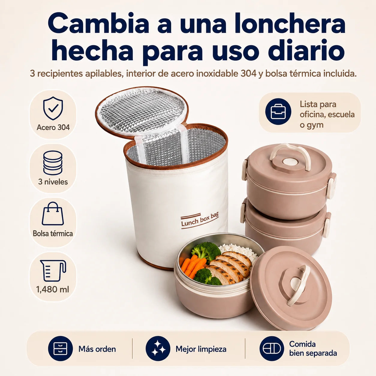 Lonchera Térmica de 3 Niveles | Contenedores de Acero Inoxidable
