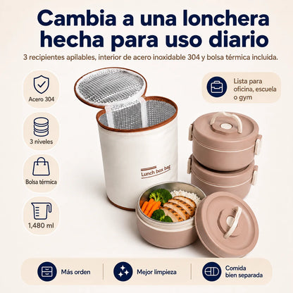 Lonchera Térmica de 3 Niveles | Contenedores de Acero Inoxidable