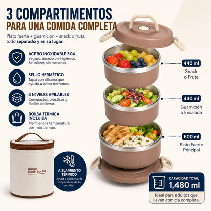 Lonchera Térmica de 3 Niveles | Contenedores de Acero Inoxidable