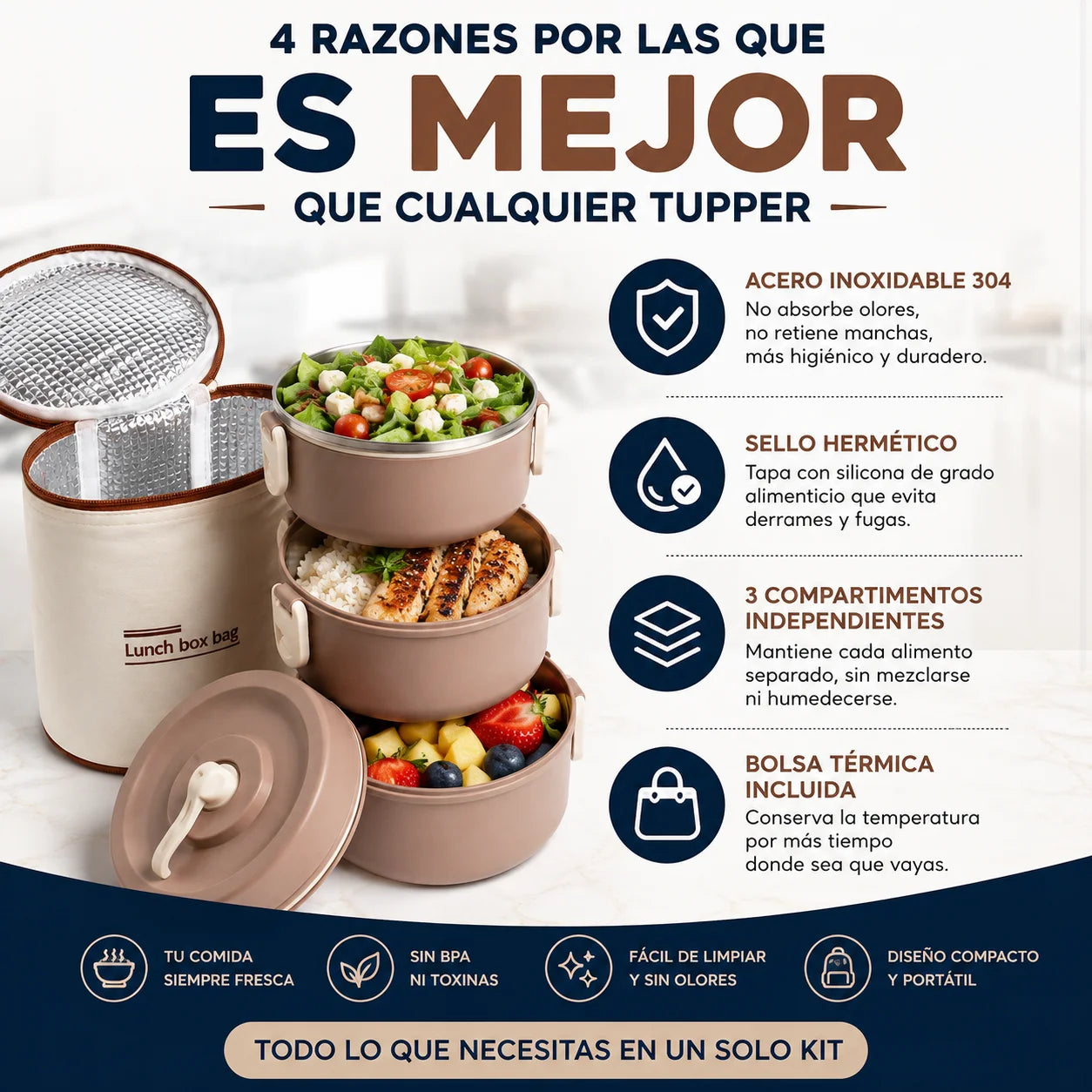 Lonchera Térmica de 3 Niveles | Contenedores de Acero Inoxidable