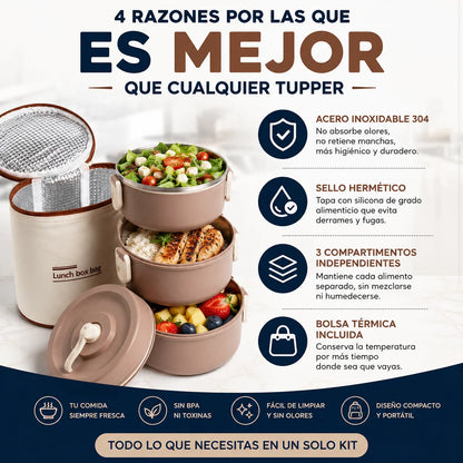 Lonchera Térmica de 3 Niveles | Contenedores de Acero Inoxidable