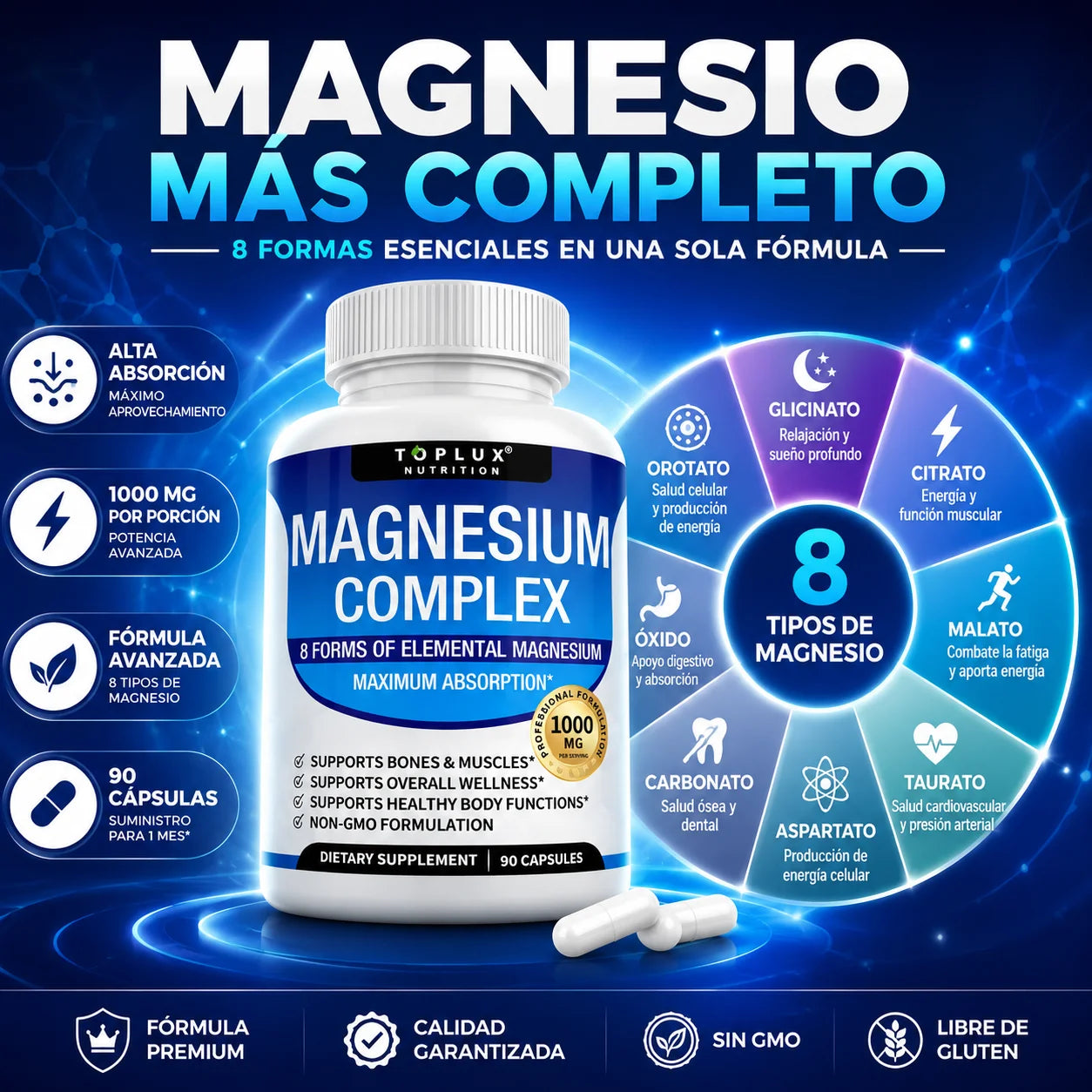 Suplemento Magnesio Complex Toplux  8 en 1 | 90 Cp