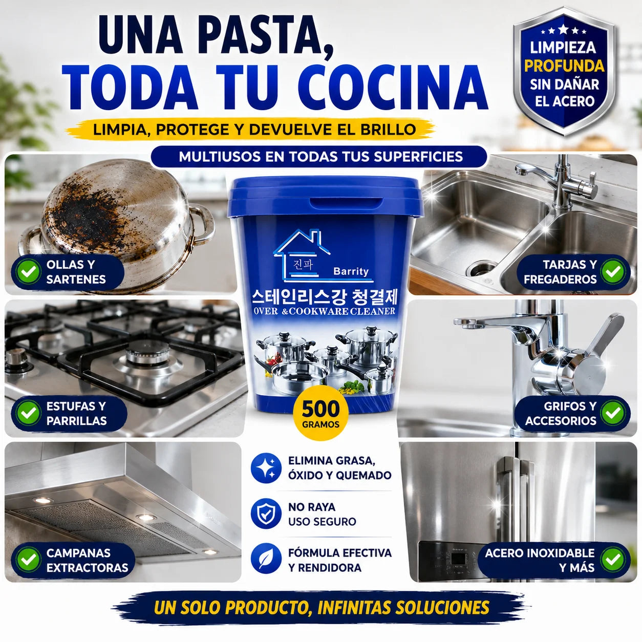 Pasta Limpiadora Ollas Acero Inoxidable | Elimina Grasa Extrema Sin Tallar