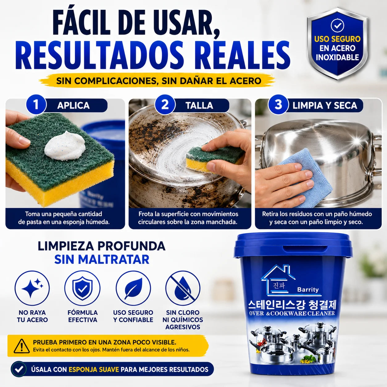 Pasta Limpiadora Ollas Acero Inoxidable | Elimina Grasa Extrema Sin Tallar