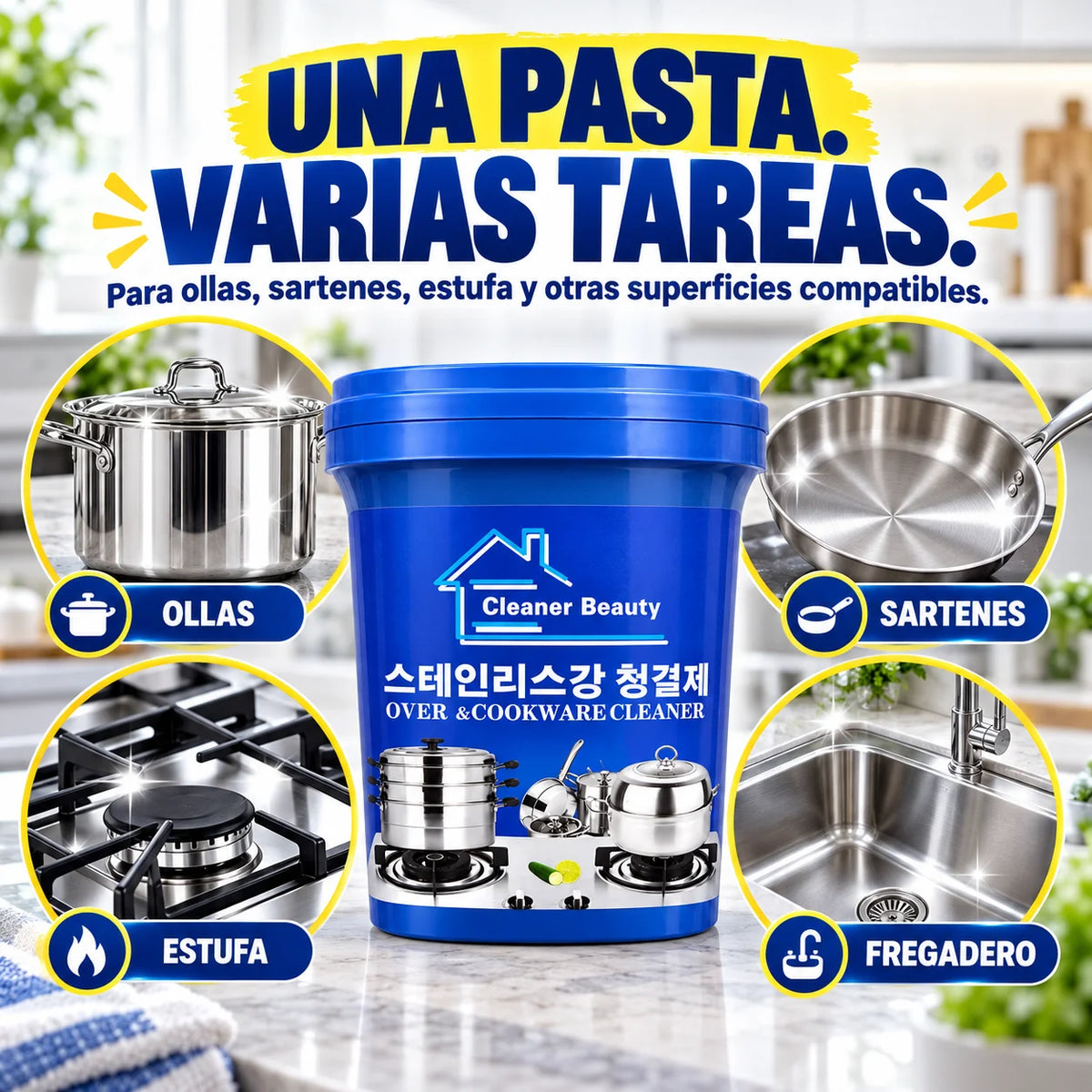 3x1 Pasta Limpiadora de Ollas para Acero Inoxidable