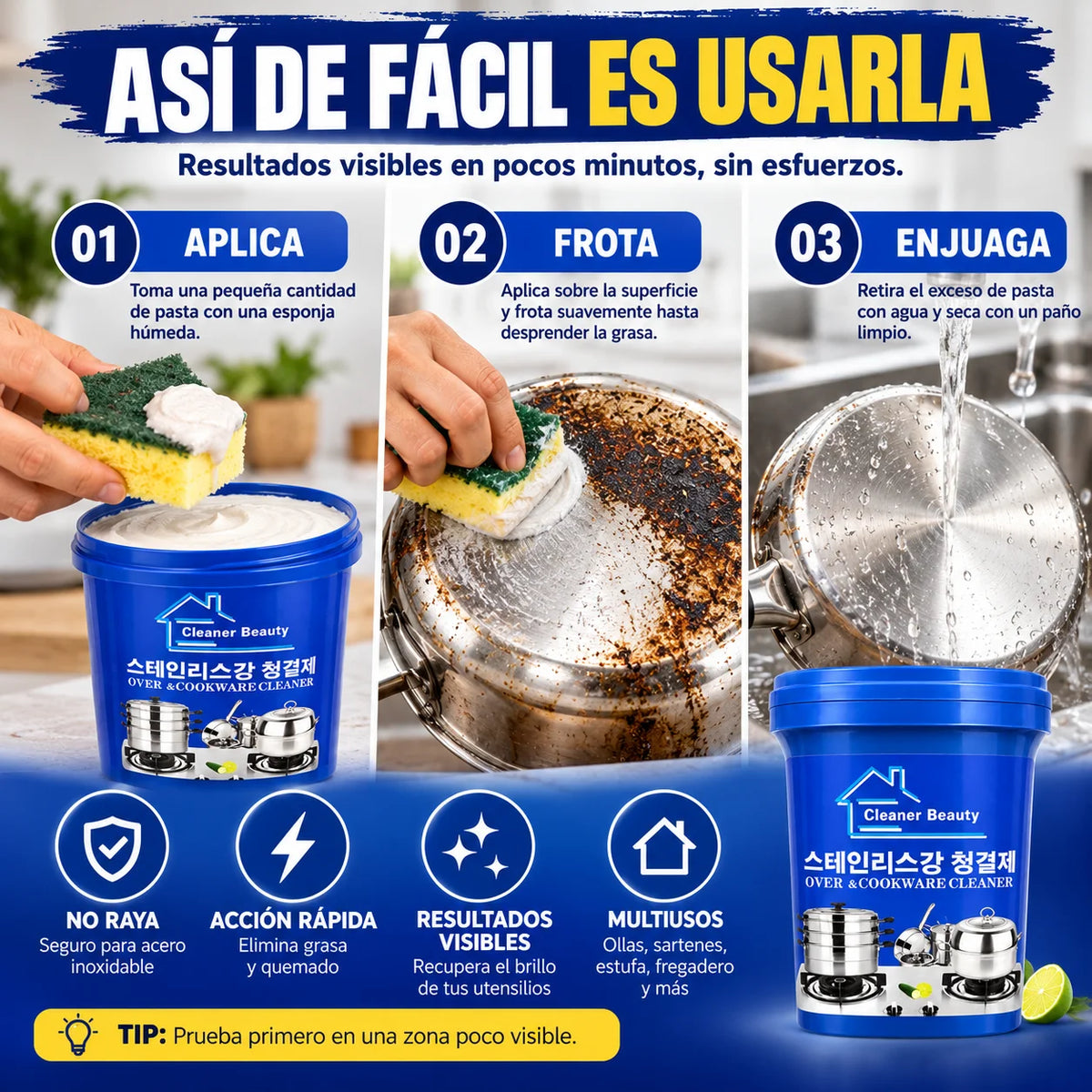 3x1 Pasta Limpiadora de Ollas para Acero Inoxidable
