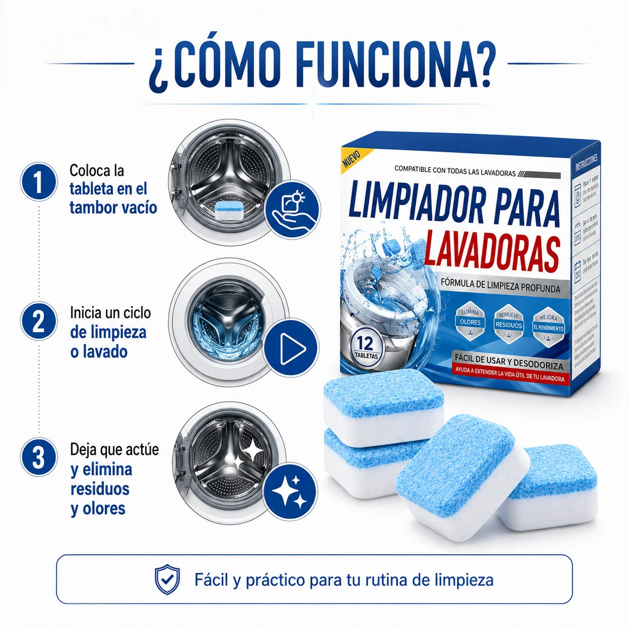 Kit 12 Pastillas Limpieza Profunda para Lavadora | Elimina Sarro y Malos Olores