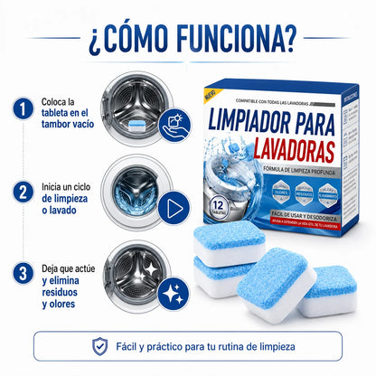 Kit 12 Pastillas Limpieza Profunda para Lavadora | Elimina Sarro y Malos Olores