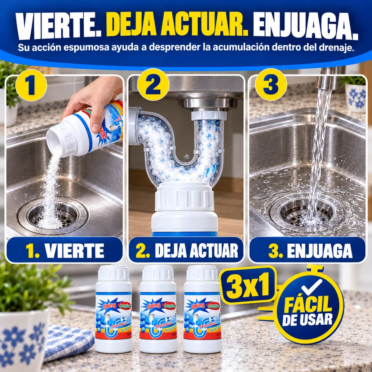 3x1 Polvo Destapacaños | Destapa y elimina malos olores