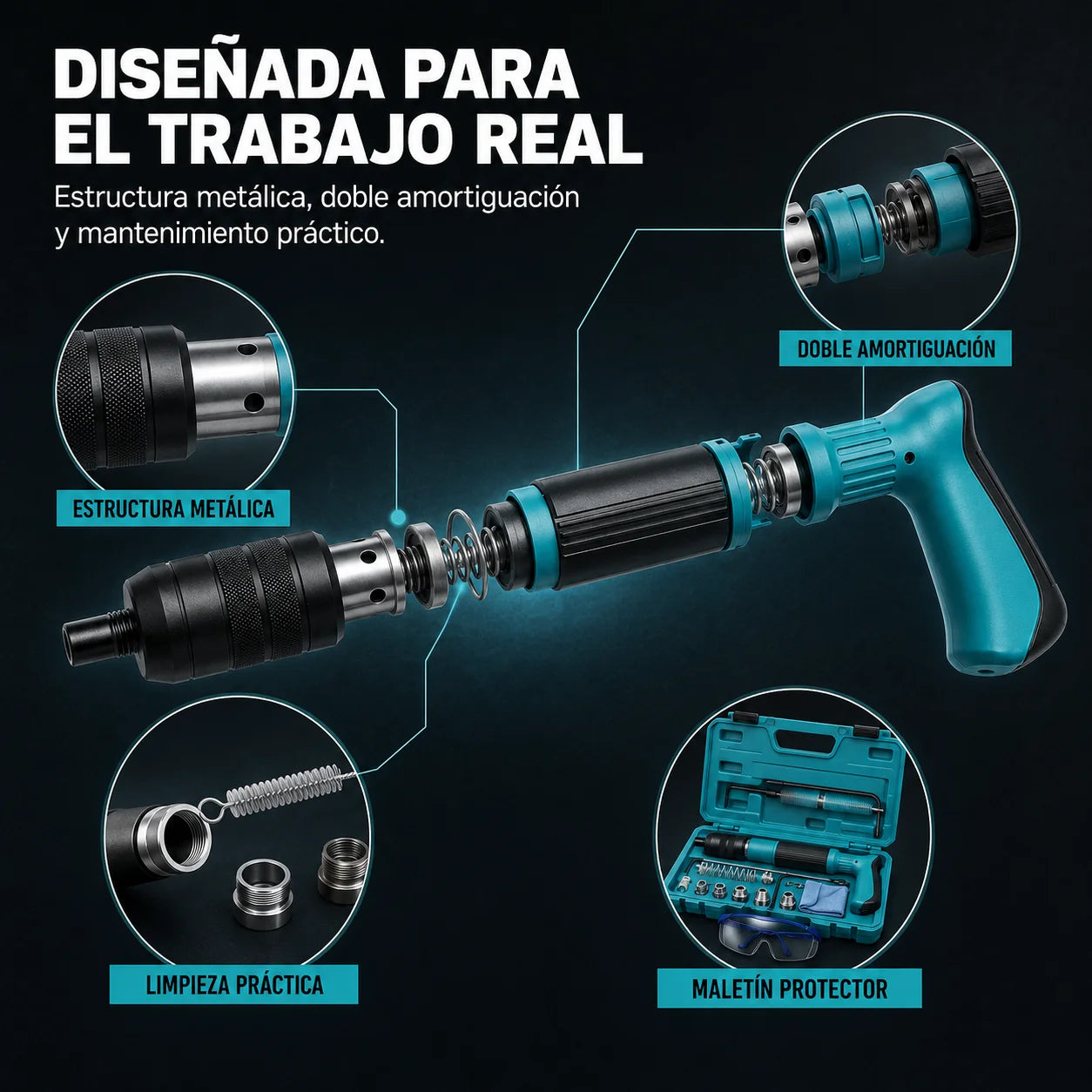 Pistola de Fijación de Clavos para Concreto y Acero | Potencia Ajustable con Kit