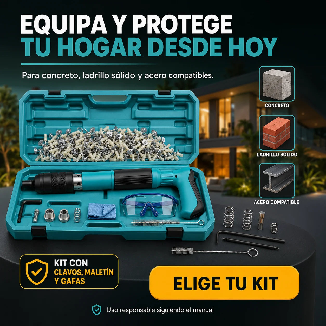 Pistola de Fijación de Clavos para Concreto y Acero | Potencia Ajustable con Kit