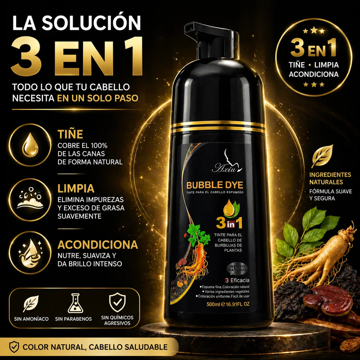 Shampoo Negro 3 en 1 de 500 Ml | Adiós Canas En Minutos