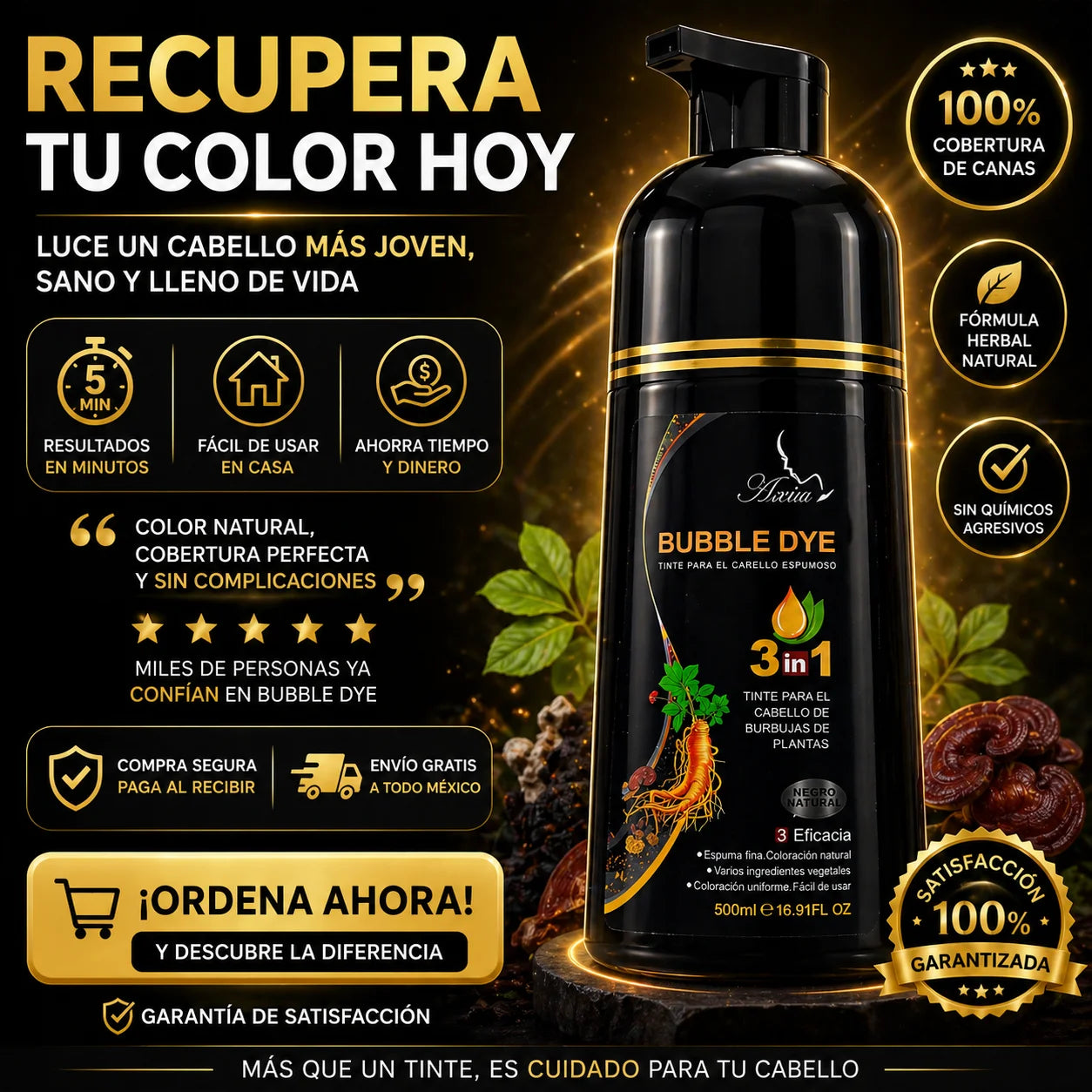 Shampoo Negro 3 en 1 de 500 Ml | Adiós Canas En Minutos