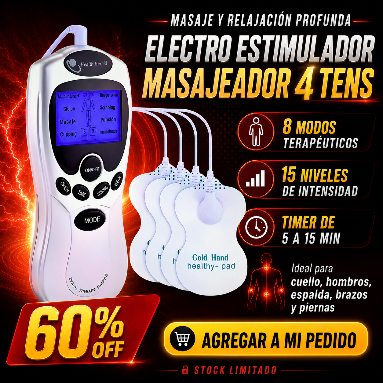 Electro Estimulador Masajeador 4 Tens